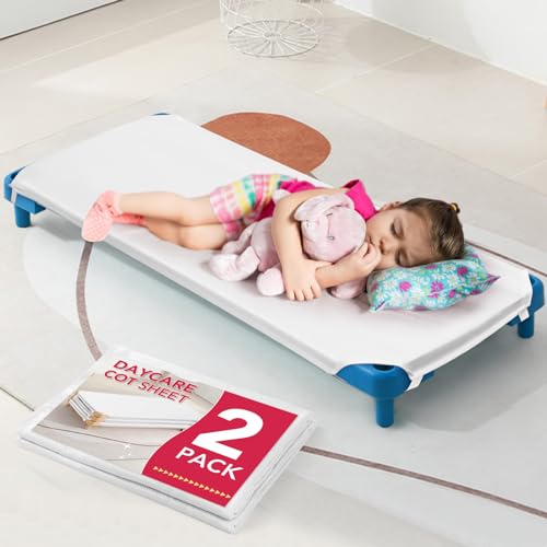 RowinsyDD 2 Pcs Cot Sheets for Daycare, 23" X 51", White Daycare Cot Sheet with Corner Elastic Loops for Child Boys Girls, Daycare Essentials for Toddler and Preschool, Breathable Microfiber - Image 1