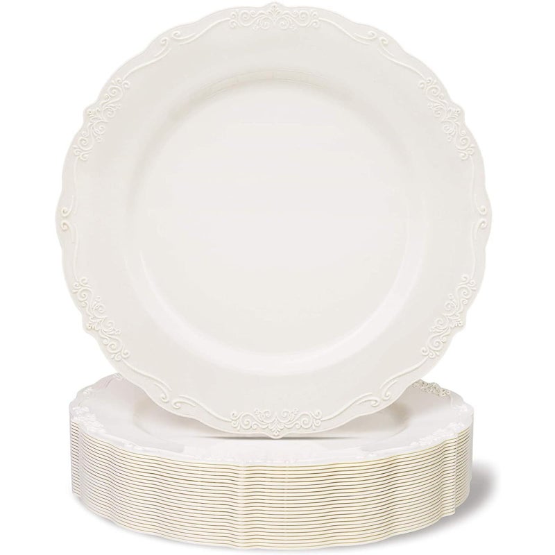 Juvale Plastic Dinner Plates for Party weddings bridal showers and holiday celebrations  10 Inches cream plastic plates disposable pack of 25