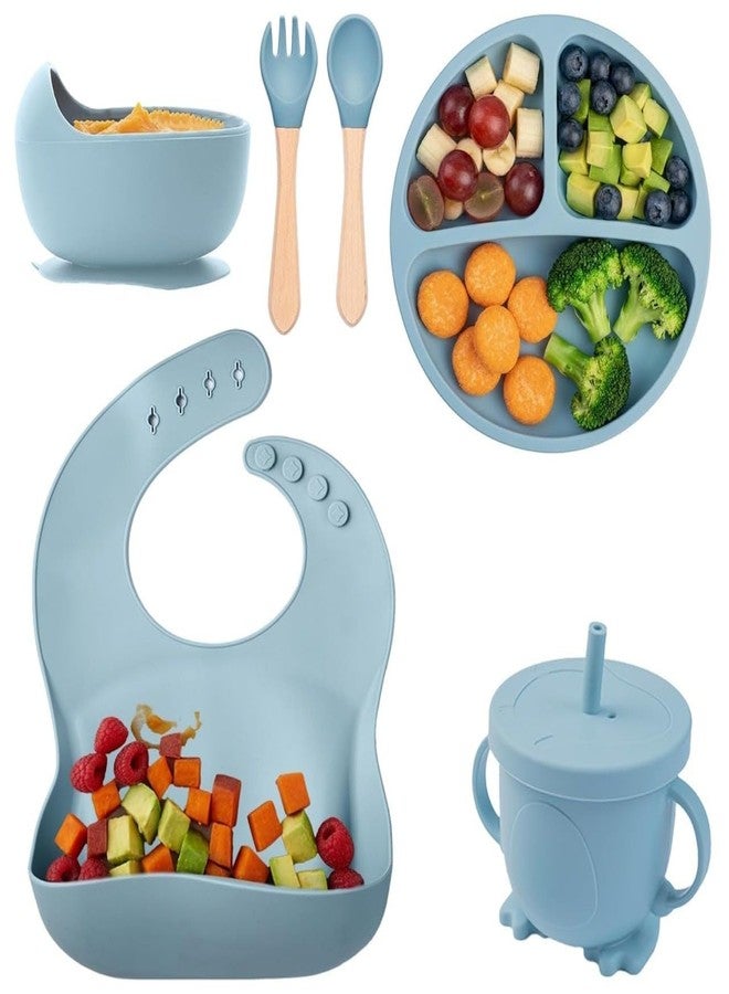 Pamidhar 8PCS Silicone Baby Feeding Set for Toddlers 6+ Months – Suction Plate, Bowl, Bib, Spoon, Fork & Cup – BPA-Free, Non-Toxic, Microwave & Dishwasher Safe (Blue) - Image 2