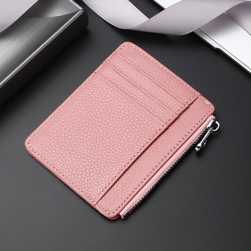 Genuine Leather Slim Card Holder Wallet Multislot Pink (zipper) 