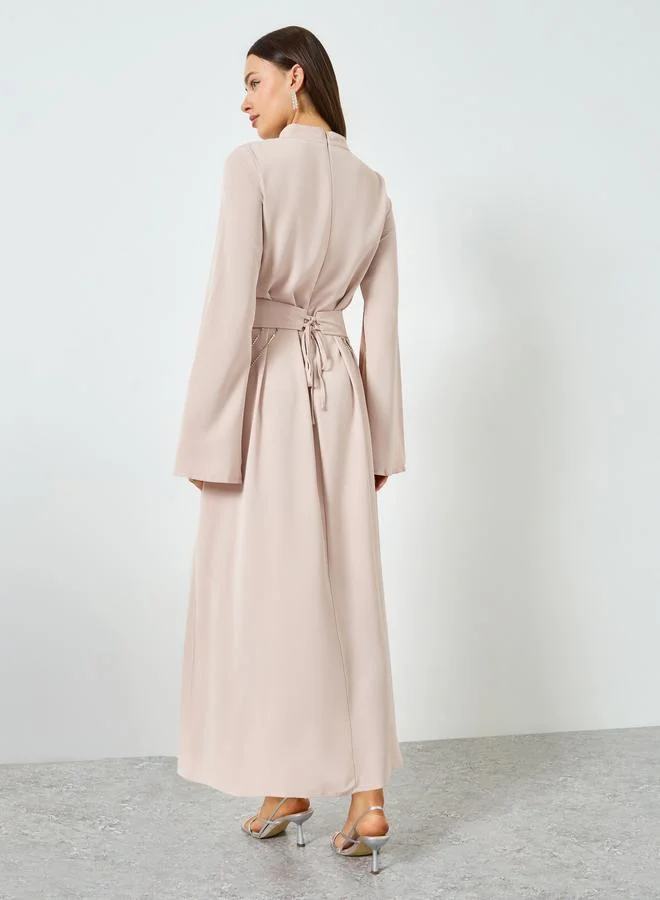 Take Two light pink Beige V-Shaped Waist Slit Sleeve Maxi Dress for Women | Best Price UAE
