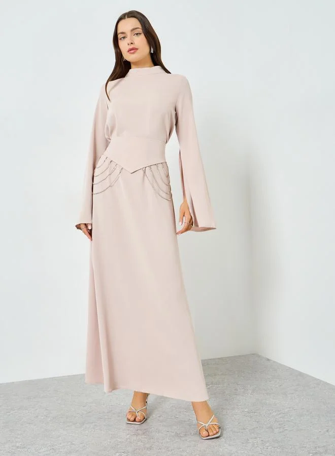 Take Two light pink Beige V-Shaped Waist Slit Sleeve Maxi Dress for Women | Best Price UAE