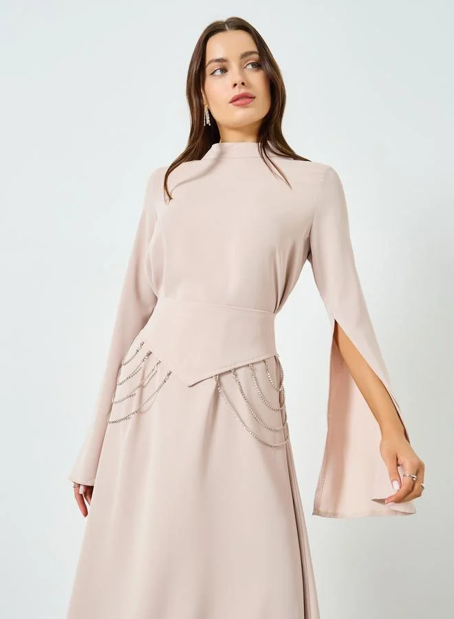 Take Two Beige V-Shaped Waist Slit Sleeve Maxi Dress