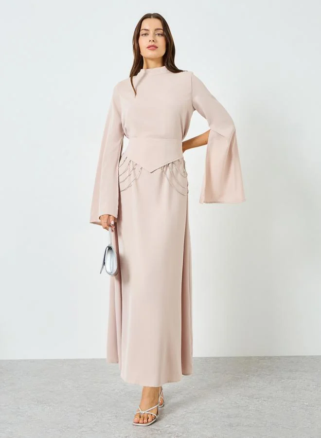 Take Two Beige V-Shaped Waist Slit Sleeve Maxi Dress