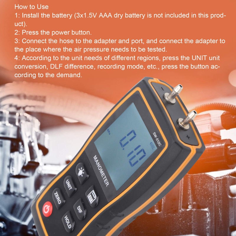 مقياس الضغط الرقمي HVAC مقياس ضغط الهواء جهاز اختبار الضغط التفاضلي بشاشة كبيرة مضاءة خلفياً وتحويل متعدد الوحدات - Image 4