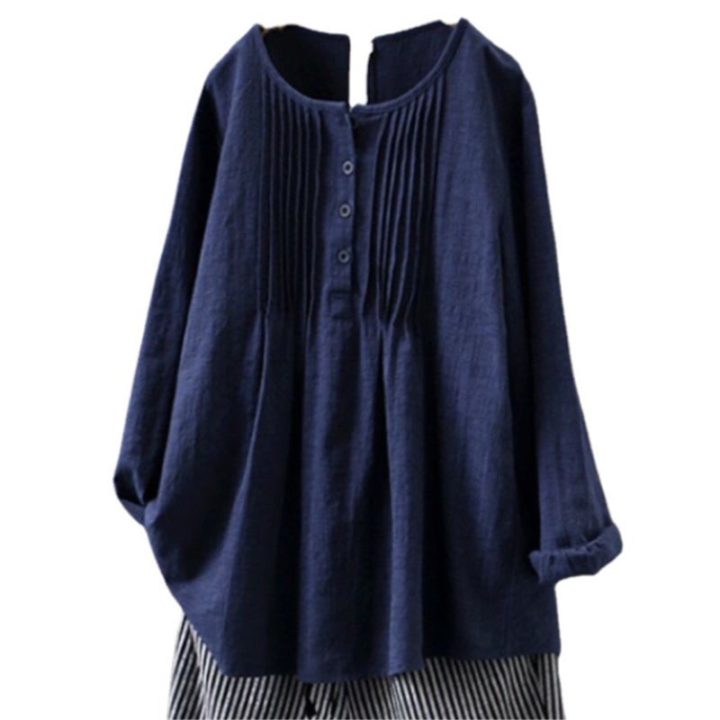 بلوزة نسائية فضفاضة من القطن والكتان بأكمام طويلة وياقة مستديرة ومزودة بطيات - Image 5