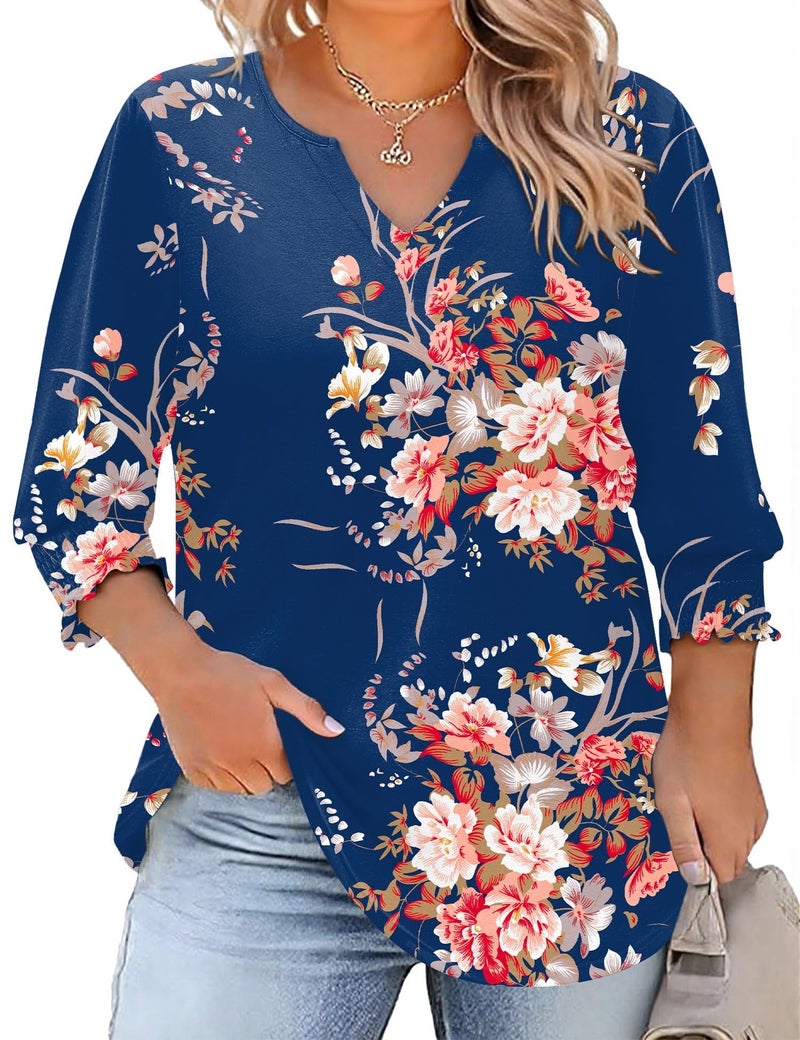 Rapbin Plus Size Ladies Tops and Blouses 3/4 Smocked Sleeve V-Neck Blouses for Women Dressy Casual Bohemian Shirt (Blue Pink Floral 2XL) - Image 1