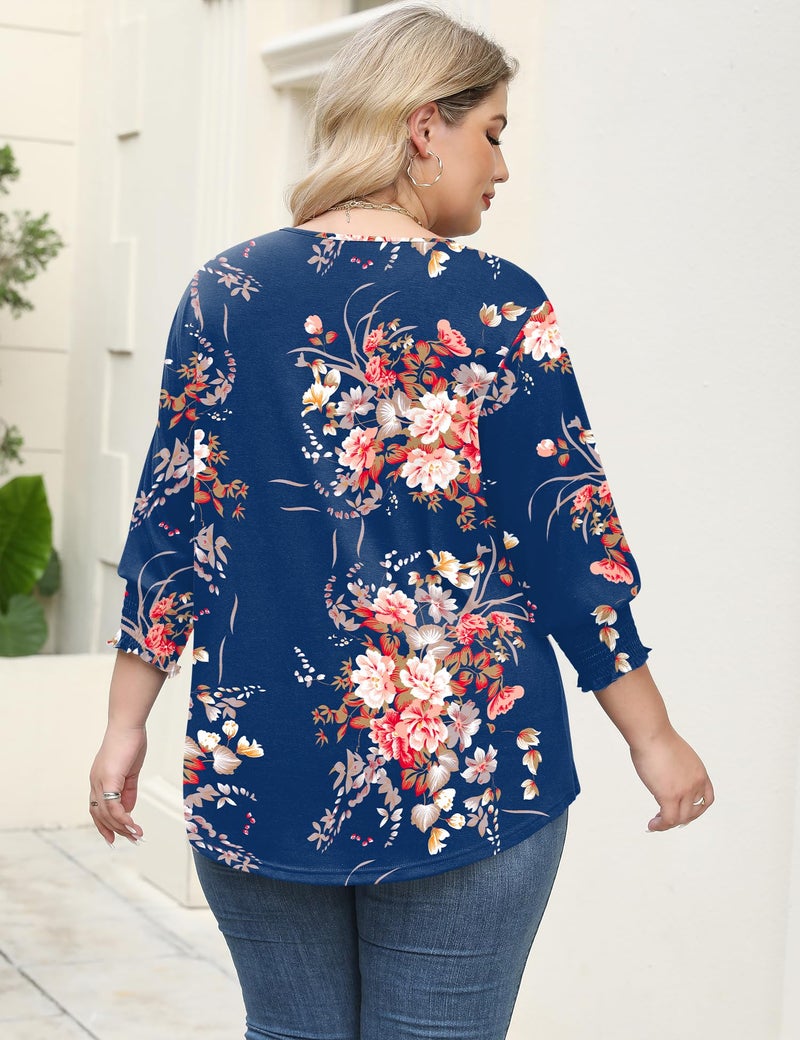 Rapbin Plus Size Ladies Tops and Blouses 3/4 Smocked Sleeve V-Neck Blouses for Women Dressy Casual Bohemian Shirt (Blue Pink Floral 2XL) - Image 4