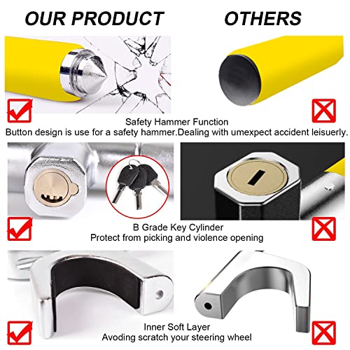 Tevlaphee Steering Wheel Lock Anti-Theft Car Device, Yellow, Heavy Duty - Image 3