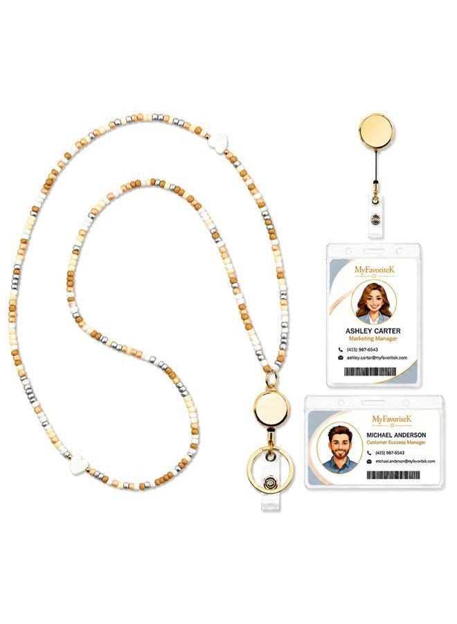 MyfavoriteK Retractable Colorful Teacher Lanyard with Badge Reel Trendy Cute Badge Holder Beaded Neck Lanyards for Teacher, Sand, 17 in length - Image 2