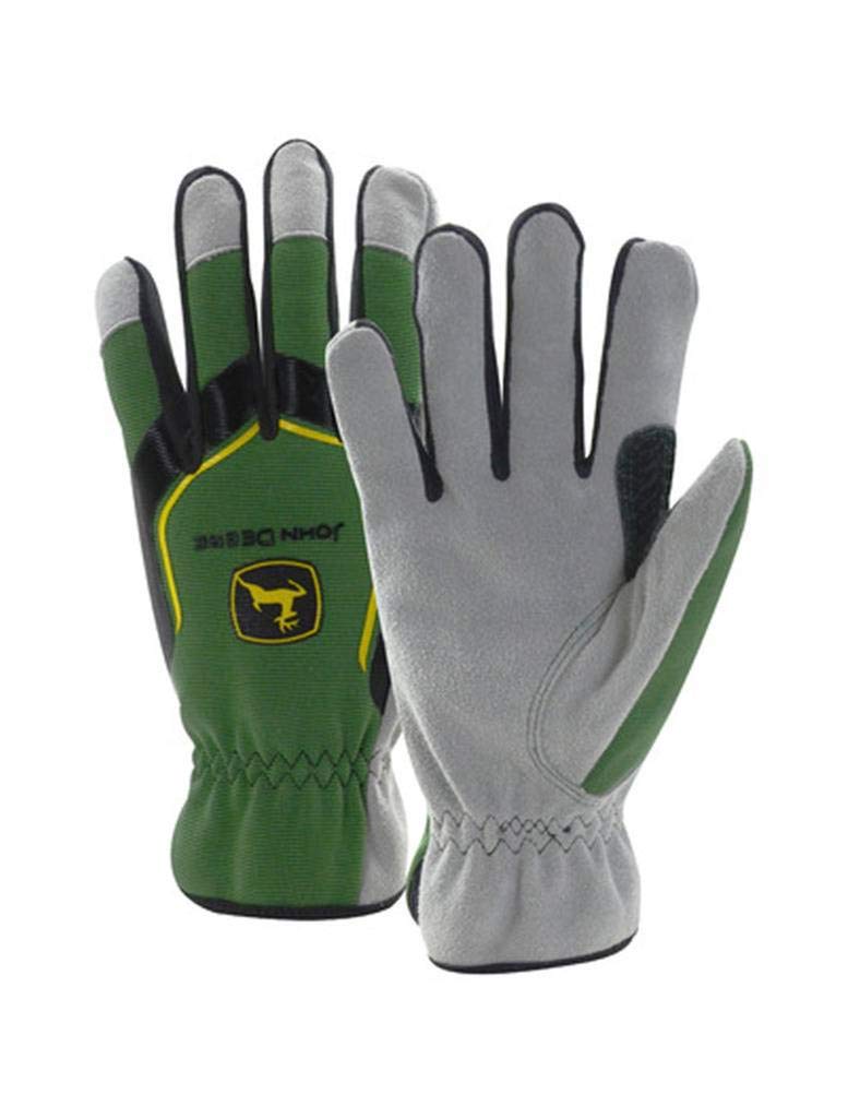 John Deere Mens Split Cowhide Leather Palm Gloves Cut Resistant Keystone Thumb Flexible Fit GreenBlack Large JD00035L