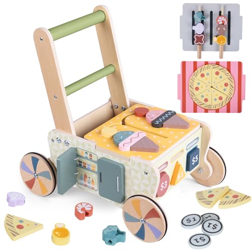 Takeeyce Wooden Baby Walker with Wheels Montessori Kitchen Walking Toys Pretend Play Grocery Toys Sorting and Stacking Toys for Infants and Toddlers Push and Pull Learning Activity Walkers - Image 1