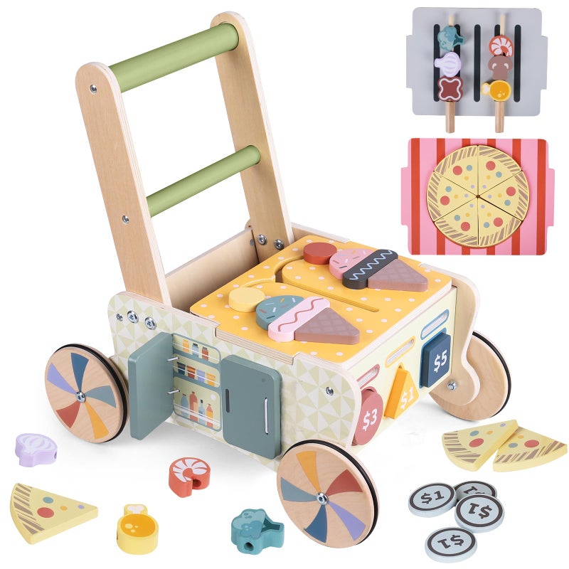Takeeyce Wooden Baby Walker with Wheels Montessori Kitchen Walking Toys Pretend Play Grocery Toys Sorting and Stacking Toys for Infants and Toddlers Push and Pull Learning Activity Walkers - Image 3