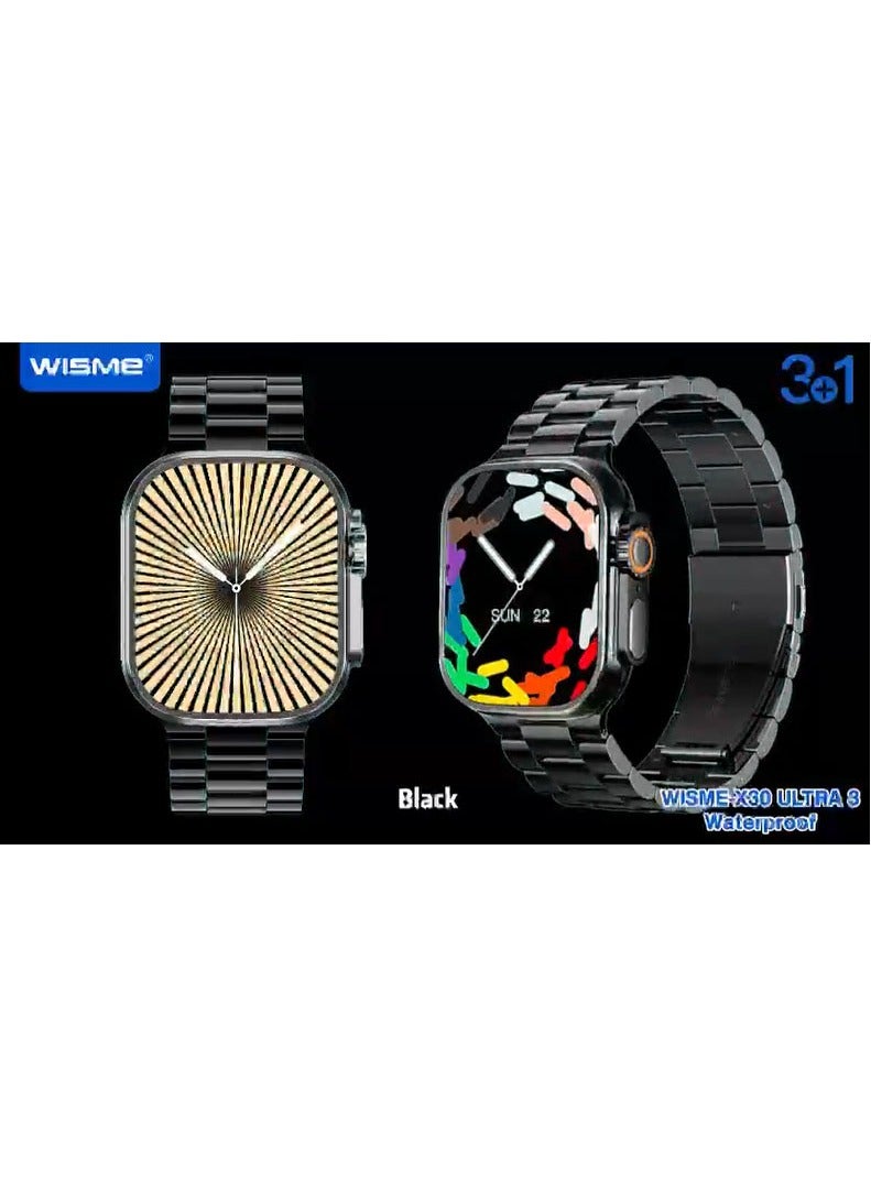 ويزمي ساعة ذكية WISME-X30 ULTRA 3 متعددة الوظائف ومقاومة للماء مع 3 أزواج من الأشرطة وكابل شحن مصممة للسيدات والرجال باللون الأسود - Image 3