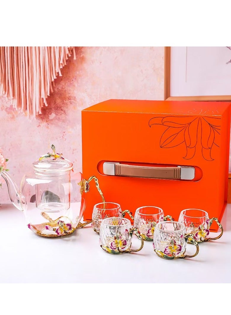مجموعة شاي زجاجية فاخرة مع تصميم زهري، إبريق شاي واحد و5 أكواب، نمط بساتين الفاكهة المطلية بالمينا، صندوق هدية - Image 1