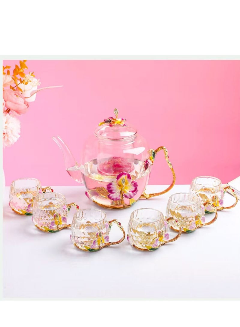 مجموعة شاي زجاجية فاخرة مع تصميم زهري، إبريق شاي واحد و5 أكواب، نمط بساتين الفاكهة المطلية بالمينا، صندوق هدية - Image 2