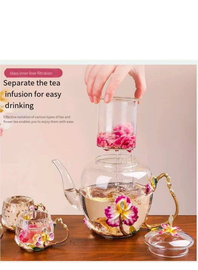 مجموعة شاي زجاجية فاخرة مع تصميم زهري، إبريق شاي واحد و5 أكواب، نمط بساتين الفاكهة المطلية بالمينا، صندوق هدية - Image 3