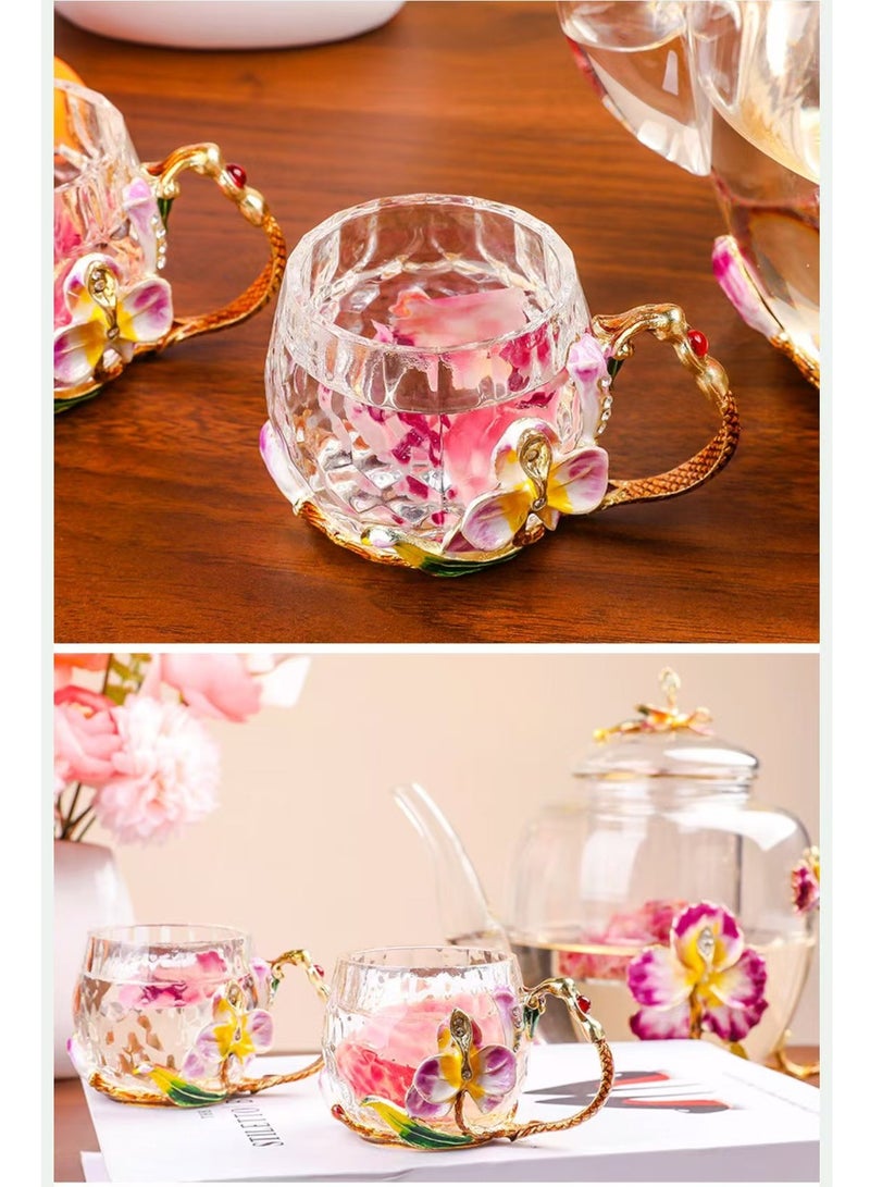 مجموعة شاي زجاجية فاخرة مع تصميم زهري، إبريق شاي واحد و5 أكواب، نمط بساتين الفاكهة المطلية بالمينا، صندوق هدية - Image 5