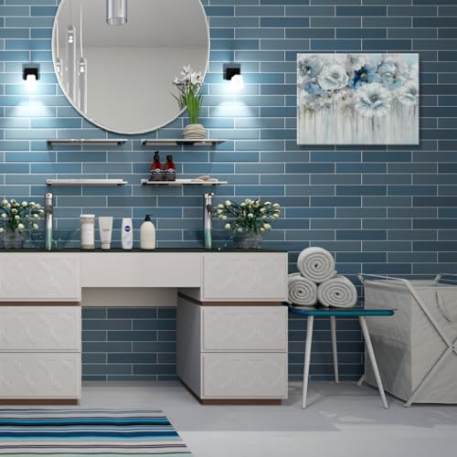 Woxfcart Bathroom Flowers Canvas Wall Art, Blue and White Floral Pictures for Gray Bedroom Powder Room Decoration 15 x 12 In - Image 3