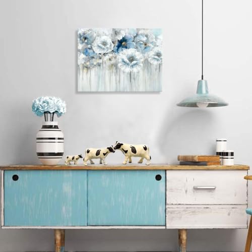 Woxfcart Bathroom Flowers Canvas Wall Art, Blue and White Floral Pictures for Gray Bedroom Powder Room Decoration 15 x 12 In - Image 5