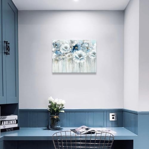 Woxfcart Bathroom Flowers Canvas Wall Art, Blue and White Floral Pictures for Gray Bedroom Powder Room Decoration 15 x 12 In - Image 2