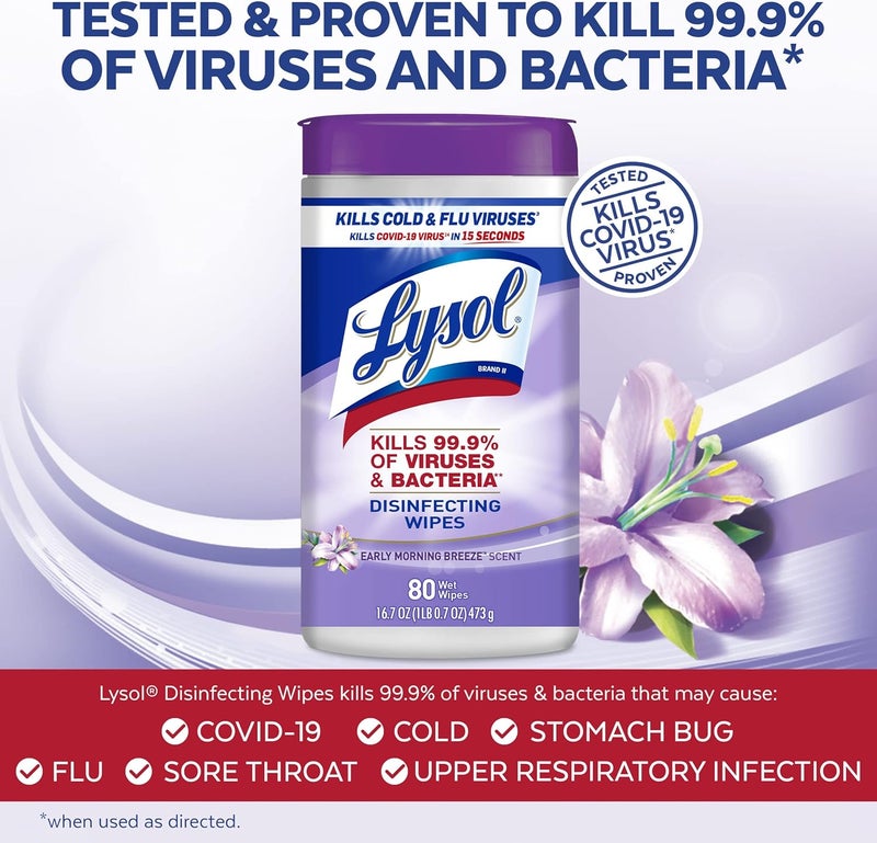 Lysol Disinfectant Wipes, Multi-Surface Antibacterial Cleaning Wipes, Dorm Room Essentials For Disinfecting and Cleaning, Early Morning Breeze, 80 Count (Pack of 1) - Image 3