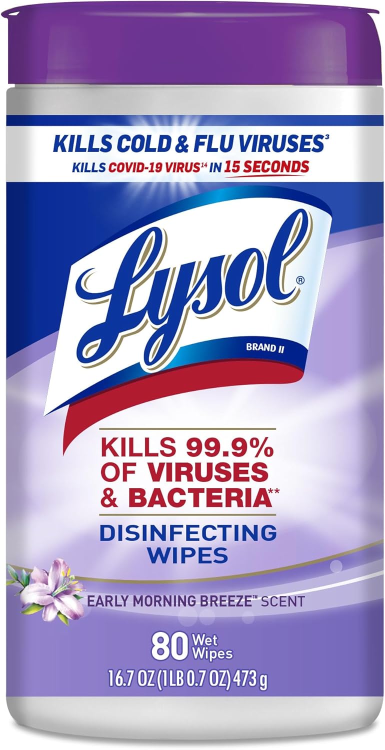 Lysol Disinfectant Wipes, Multi-Surface Antibacterial Cleaning Wipes, Dorm Room Essentials For Disinfecting and Cleaning, Early Morning Breeze, 80 Count (Pack of 1) - Image 1