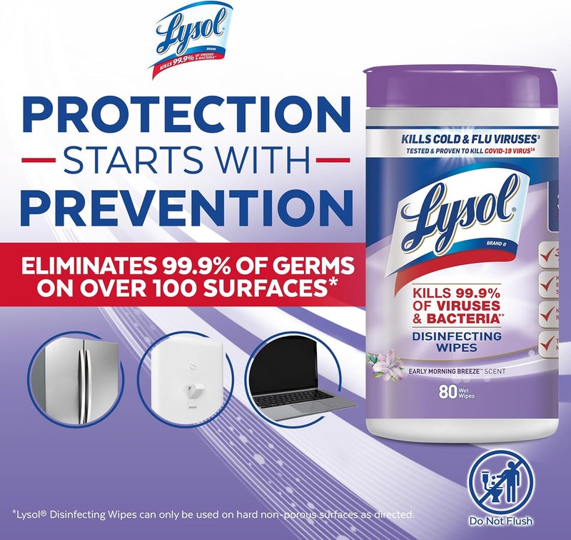 Lysol Disinfectant Wipes, Multi-Surface Antibacterial Cleaning Wipes, Dorm Room Essentials For Disinfecting and Cleaning, Early Morning Breeze, 80 Count (Pack of 1) - Image 5