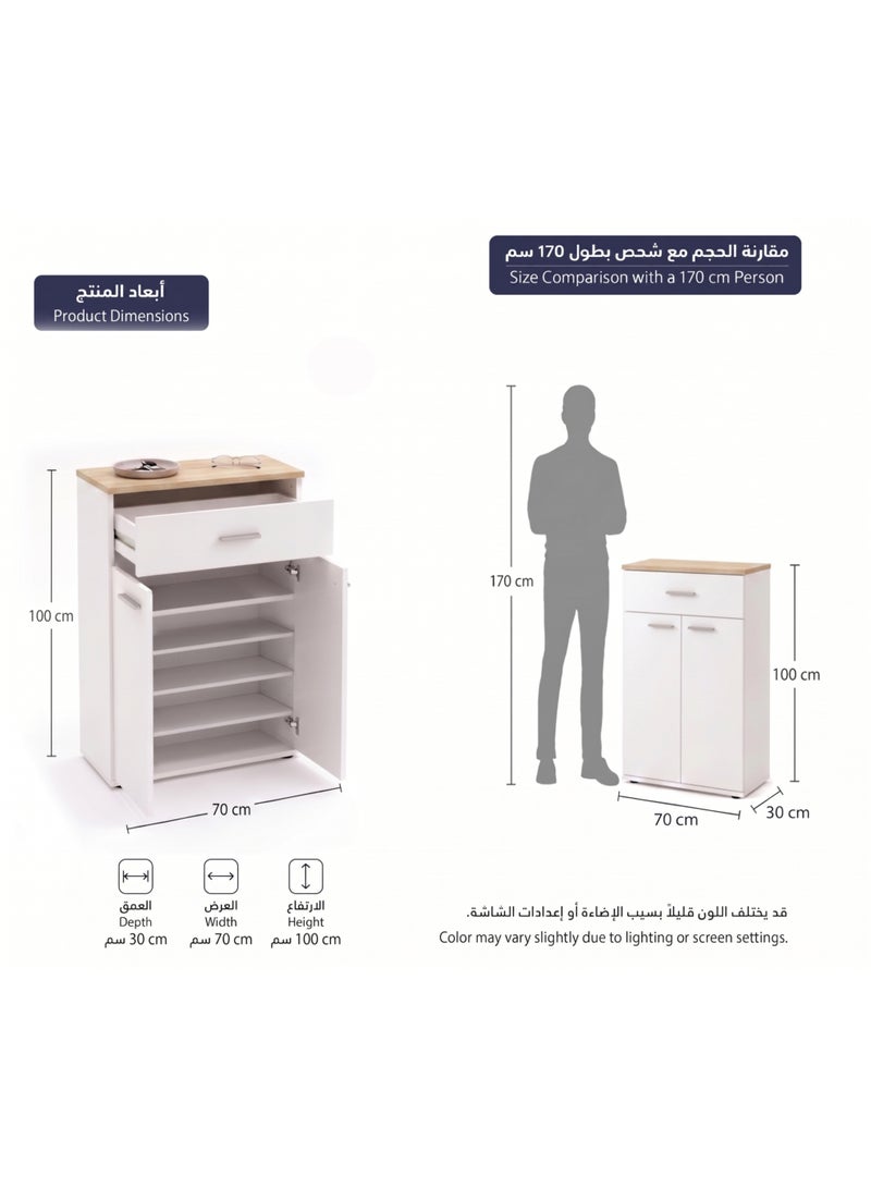 Furniture Store Modern shoe rack/shoe cabinet with a wide drawer and 5 shelves, MDF, in light wood color with white, high-quality finish, from Furniture Store. - Image 3