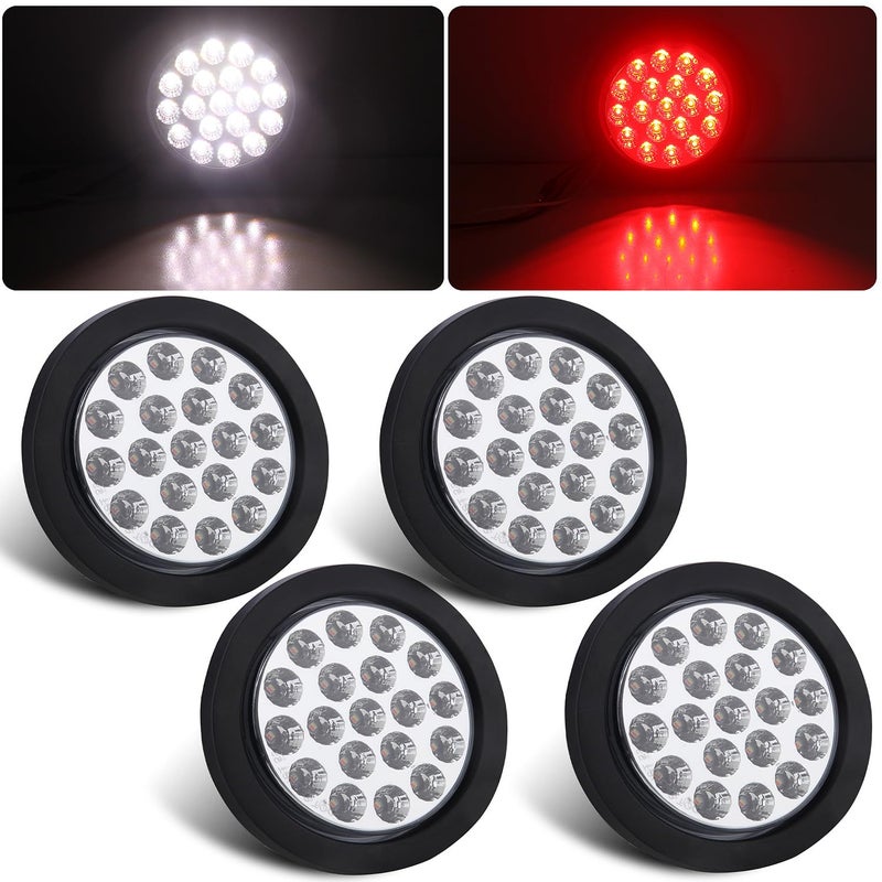 Partswcgg 4Pcs 4 Round Red Stop Turn Tail Lights to White Backup Lights 19 LED 4 Inch Round RedWhite Dual Trailer Truck Tail Lights with Rubber Grommet and 3 Prong Wire Pigtails IP67 Waterproof