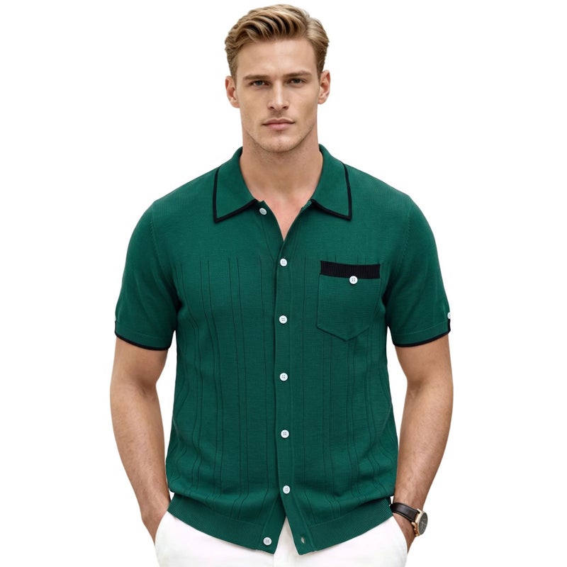 Men's Contrast Polo Shirt with Pocket, Short Sleeve, Loose Fit - Image 1