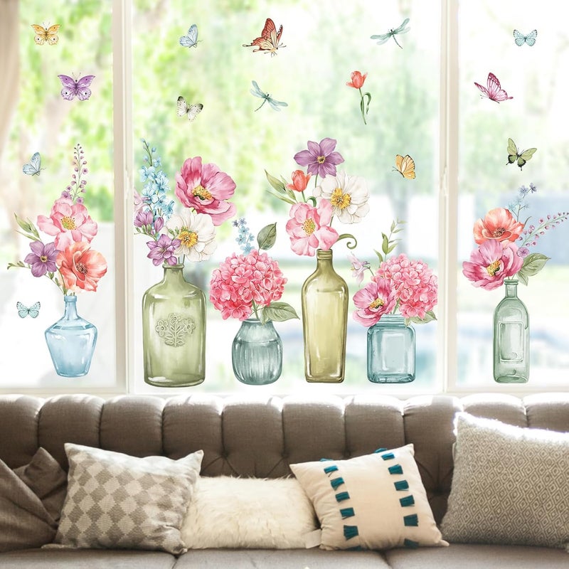 wondever Window Stickers Pink Flowers Vase Anti-collision Stickers Butterfly Double-Sided Window Decoration for Glass - Image 3