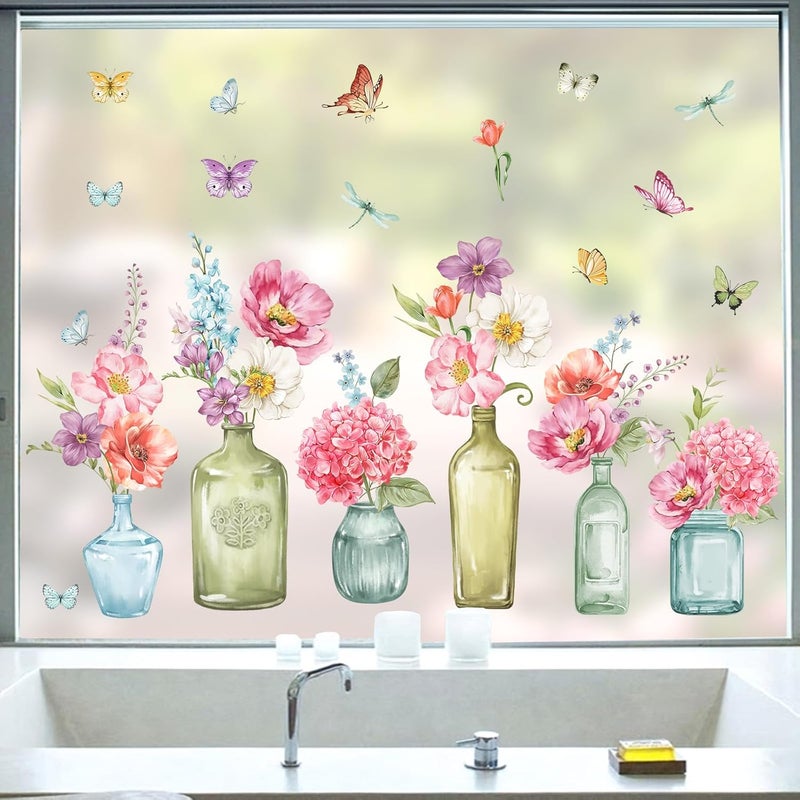 wondever Window Stickers Pink Flowers Vase Anti-collision Stickers Butterfly Double-Sided Window Decoration for Glass - Image 2
