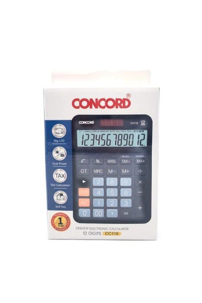كونكورد آلة حاسبة مكتبية كونكورد ثنائية الطاقة، ١٢ رقمًا، مع وظيفة ضريبية - Image 1