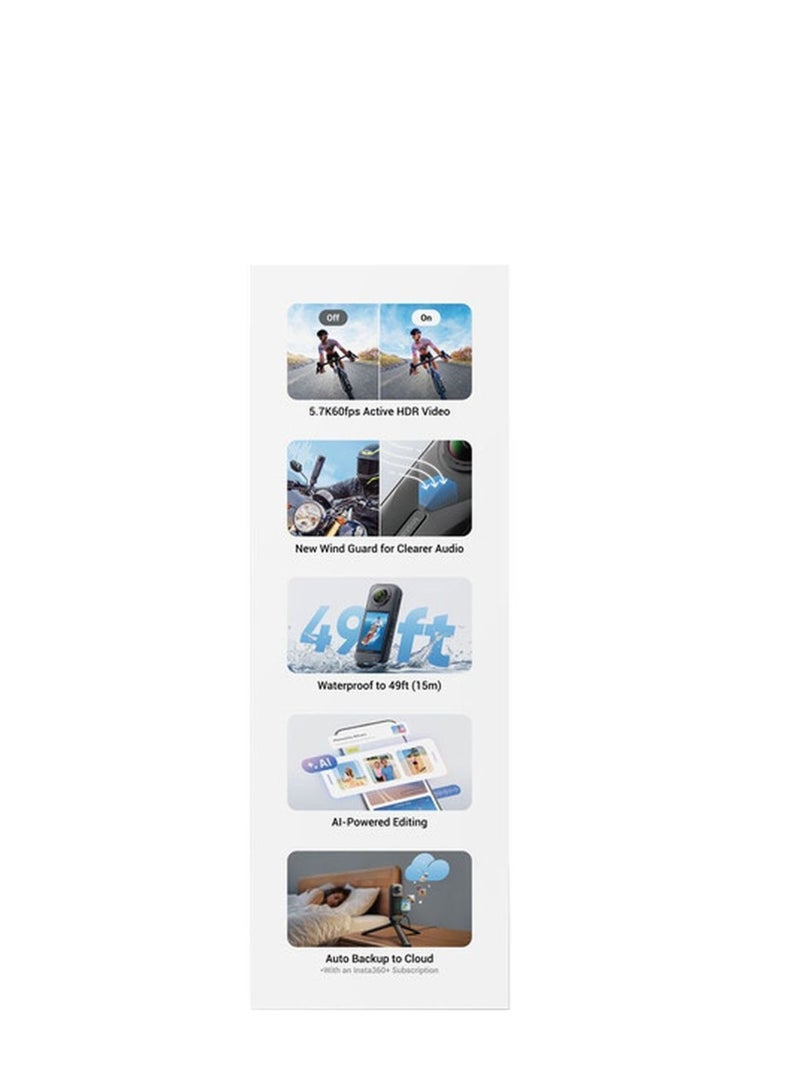 انستا 360 حزمة أساسيات X5 | كاميرا X5 + بطارية إضافية + عصا سيلفي غير مرئية بطول 114 سم + غطاء عدسة + حقيبة حمل، كاميرا أكشن 8K 360 مقاومة للماء حتى 15 متر، تصوير في الإضاءة المنخفضة، واقي ريح - أسود - Image 4