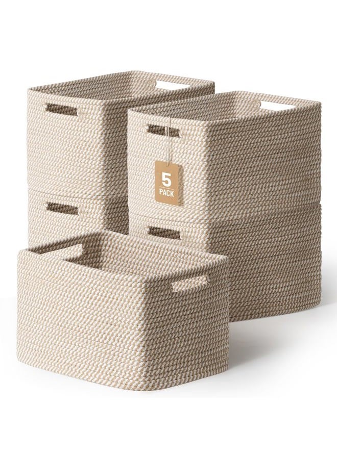 Yilobi 5 Pack Woven Storage Baskets for Shelves Organizing, Decorative Cotton Rope Organization Storage Bins for Toy, Book, Towel, Clothes, Closet, Nursery, Bathroom & Home Decor, Khaki - Image 1