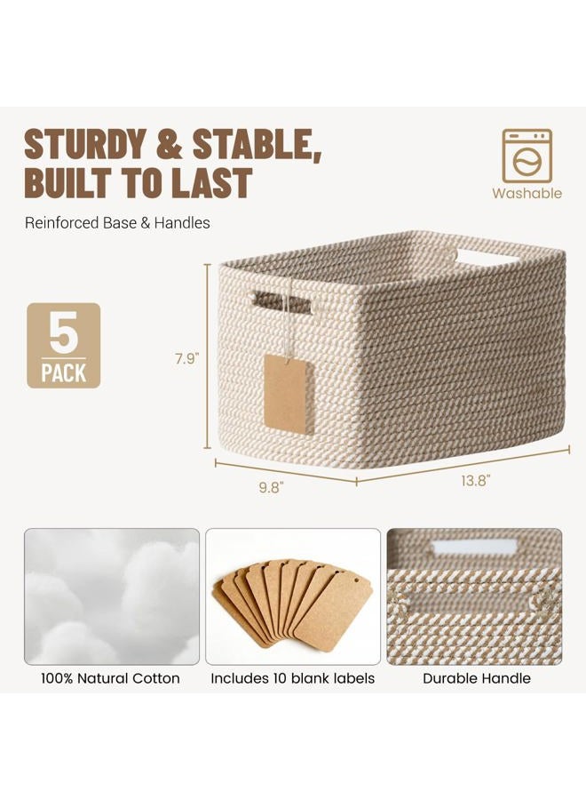 Yilobi 5 Pack Woven Storage Baskets for Shelves Organizing, Decorative Cotton Rope Organization Storage Bins for Toy, Book, Towel, Clothes, Closet, Nursery, Bathroom & Home Decor, Khaki - Image 3