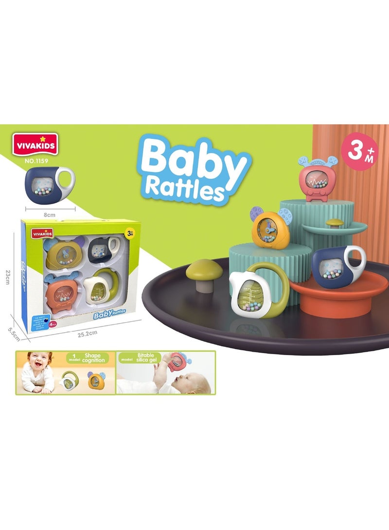VIVAKIDS Baby Rattles Set Newborn Teether Toys for 3+ Months Infants Sensory Development Gift Set Early Learning Shaker & Bite Toys 4 Pieces Multicolor - Image 1