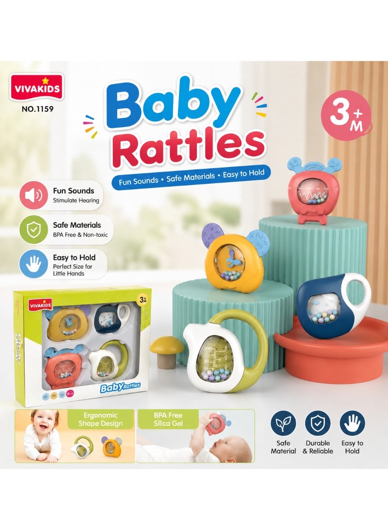VIVAKIDS Baby Rattles Set Newborn Teether Toys for 3+ Months Infants Sensory Development Gift Set Early Learning Shaker & Bite Toys 4 Pieces Multicolor - Image 1