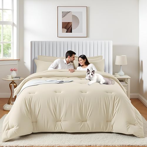 Easthome Queen Comforter Set 7 Piece - Soft Bed in a Bag Queen Size Comforter Sets, Cozy Luxury Bedding Sets with All Season Comforter, Flat Sheet, Fitted Sheet,2 Pillowcases & 2 Shams, Beige - Image 3