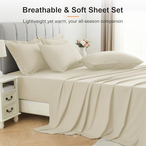 Easthome Queen Comforter Set 7 Piece - Soft Bed in a Bag Queen Size Comforter Sets, Cozy Luxury Bedding Sets with All Season Comforter, Flat Sheet, Fitted Sheet,2 Pillowcases & 2 Shams, Beige - Image 5