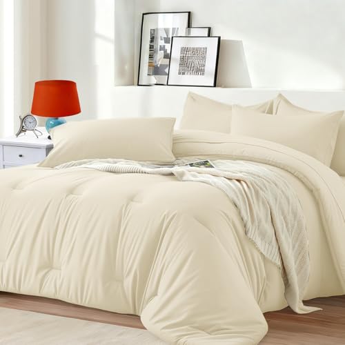 Easthome Queen Comforter Set 7 Piece - Soft Bed in a Bag Queen Size Comforter Sets, Cozy Luxury Bedding Sets with All Season Comforter, Flat Sheet, Fitted Sheet,2 Pillowcases & 2 Shams, Beige - Image 1