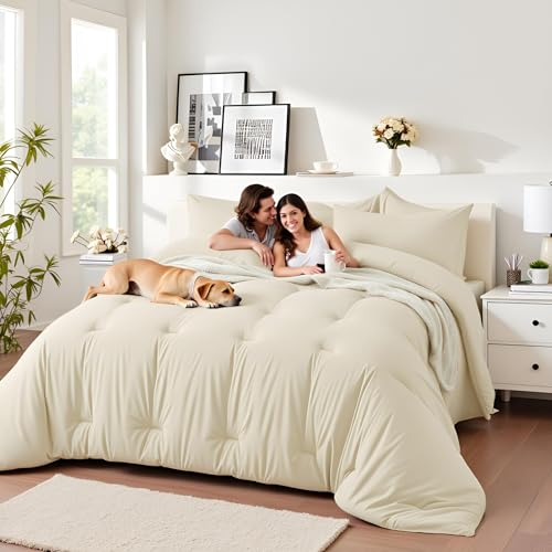 Easthome Queen Comforter Set 7 Piece - Soft Bed in a Bag Queen Size Comforter Sets, Cozy Luxury Bedding Sets with All Season Comforter, Flat Sheet, Fitted Sheet,2 Pillowcases & 2 Shams, Beige - Image 2