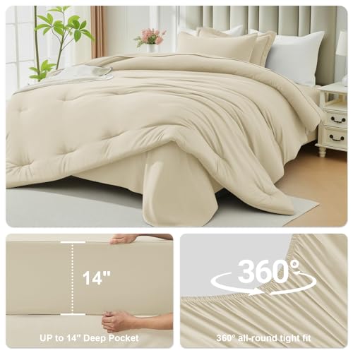 Easthome Queen Comforter Set 7 Piece - Soft Bed in a Bag Queen Size Comforter Sets, Cozy Luxury Bedding Sets with All Season Comforter, Flat Sheet, Fitted Sheet,2 Pillowcases & 2 Shams, Beige - Image 4