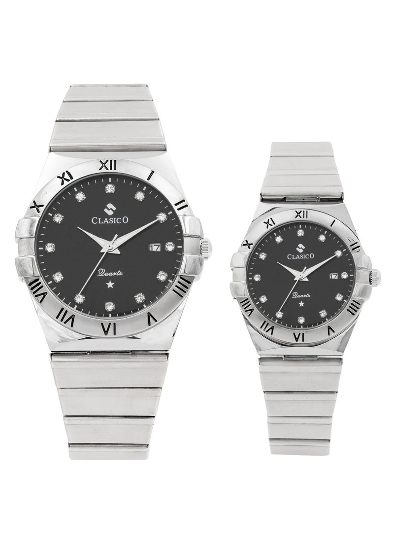 Clasico Twin-Face Couple Edition – Silver Radiance with Black Dial – 6-Hands Chronograph Watch with Steel Strap – Waterproof Design – Watch Gift Set 40mm & 36mm  - Image 1