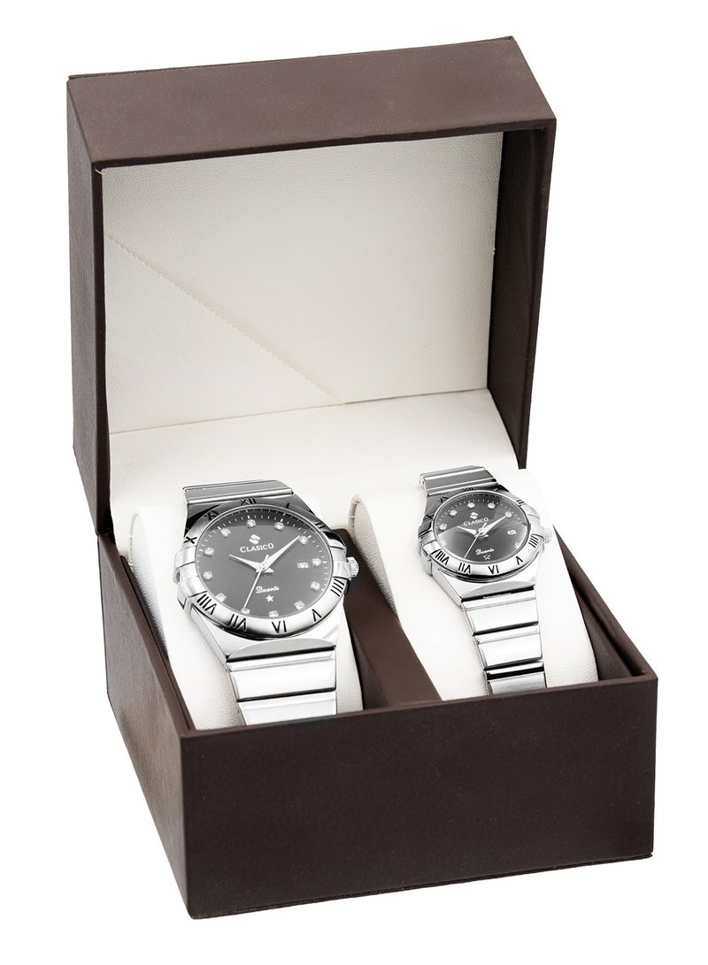 Clasico Twin-Face Couple Edition – Silver Radiance with Black Dial – 6-Hands Chronograph Watch with Steel Strap – Waterproof Design – Watch Gift Set 40mm & 36mm  - Image 3