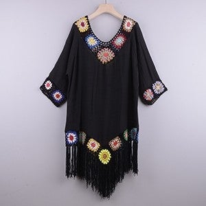 2022 Crochet Hollow Tassel Beach Bikini Cover-up Black
