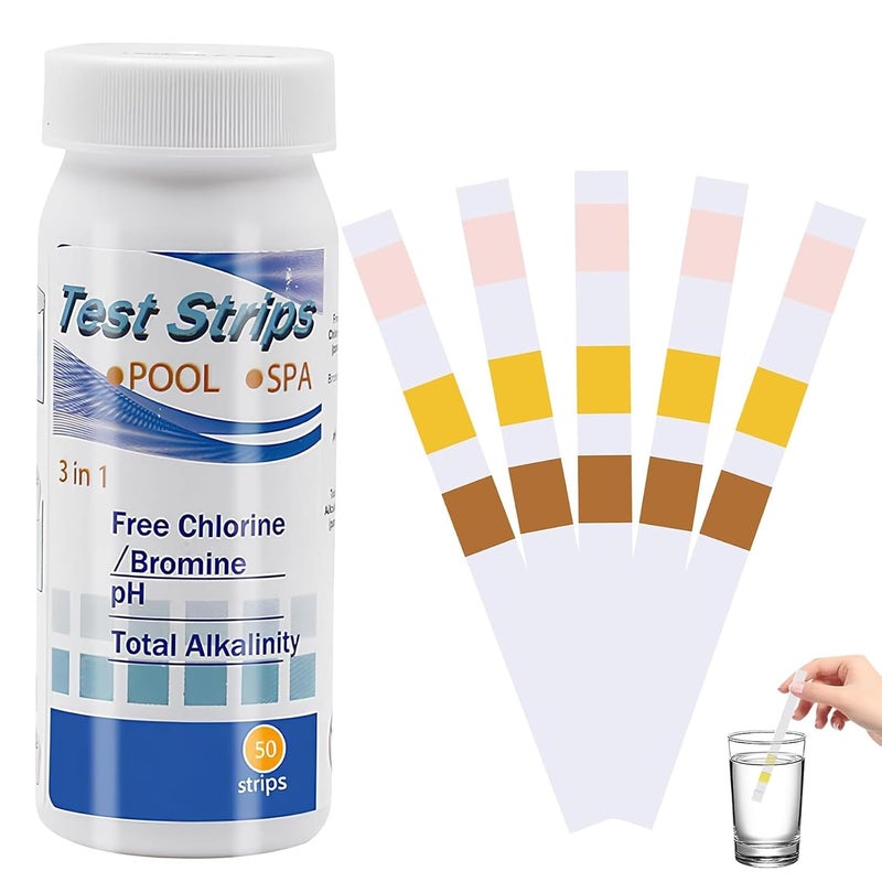 Pool Test Strips - 3-in-1 Pool Water Testing Kit for Chlorine/Bromine, pH, Alkalinity - Easy and Accurate Hot Tub Test Strips for Swimming Pools & Spas - 50 Strips - Image 1