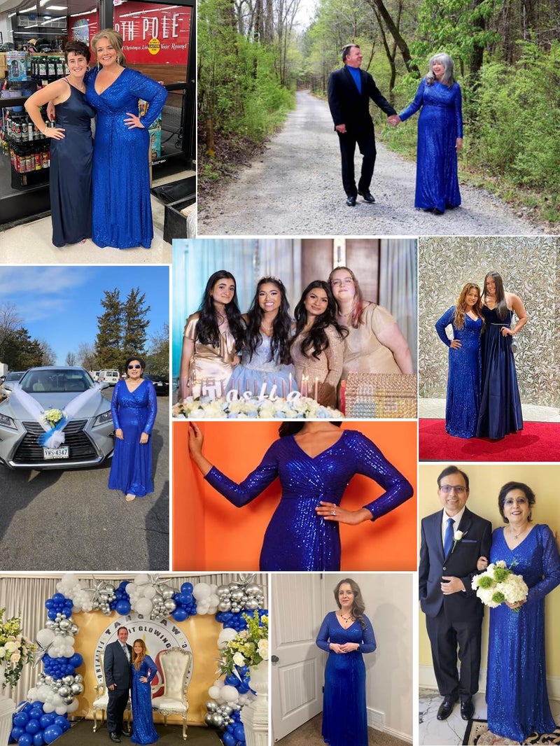 meilun Blue Long Sleeve Sequin Dress for Women Formal Gowns Sparkly V Neck Maxi Dress for Wedding Guest,3XL - Image 5