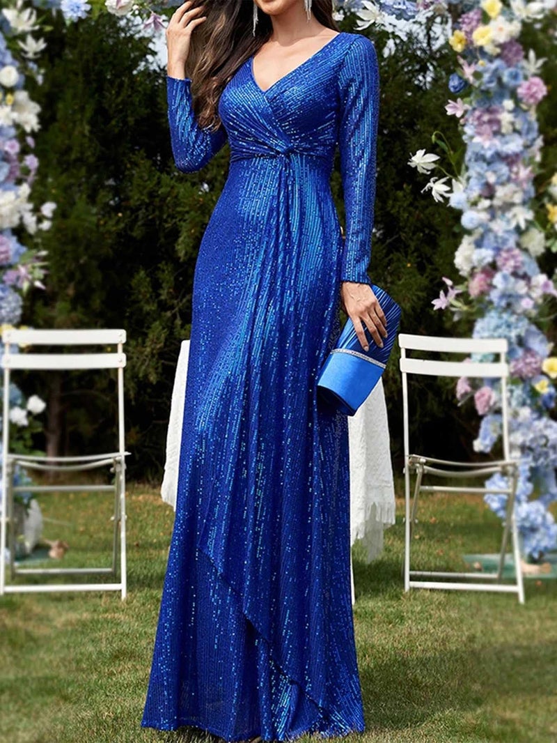 meilun Blue Long Sleeve Sequin Dress for Women Formal Gowns Sparkly V Neck Maxi Dress for Wedding Guest,3XL - Image 3